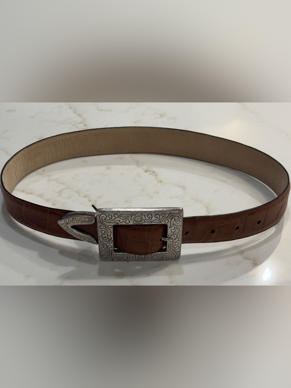 Brighton Belt #42707 1992 Brown Embossed Leather Engraved Floral Silver Buckle